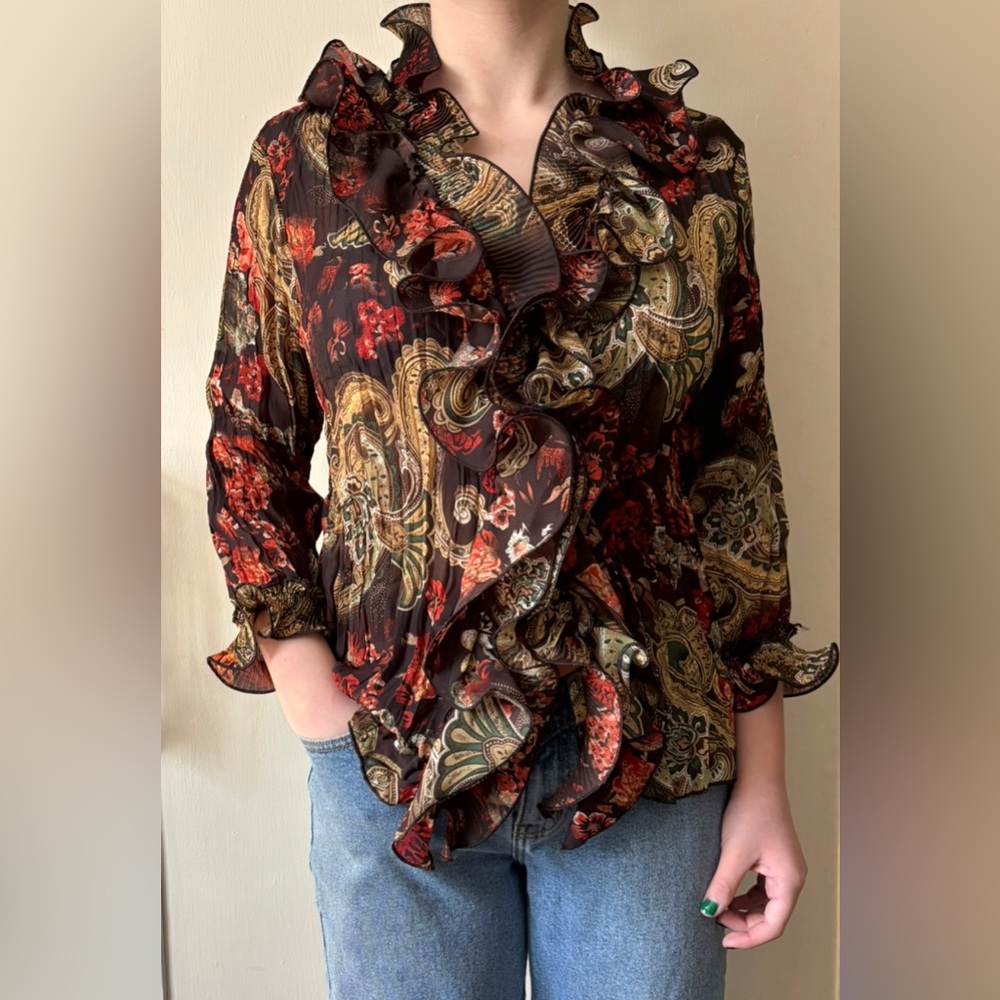 Vintage 90s Laura Petites Ruffled Button Front Pleated Floral and Paisley Blouse - Picture 4 of 15